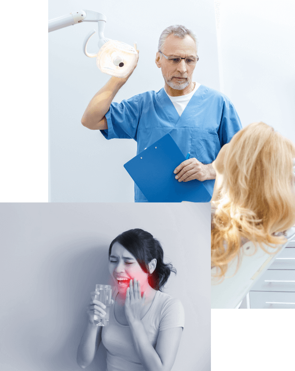 dental check up at at the clinic and woman with toothache